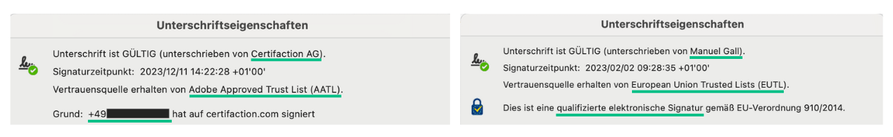 Unterschriftseigenschaften Adobe Reader FES vs QES